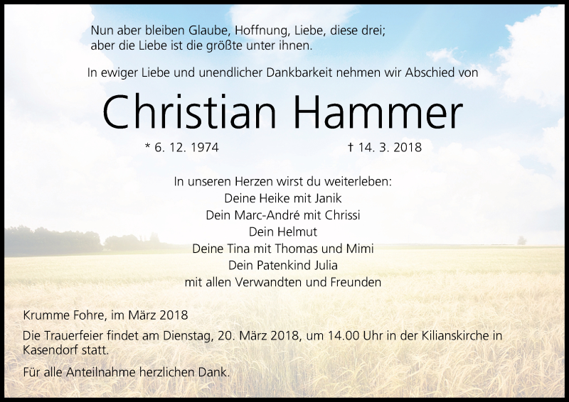  Traueranzeige für Christian Hammer vom 17.03.2018 aus MGO