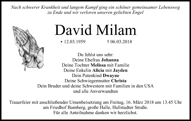  Traueranzeige für David Milam vom 15.03.2018 aus MGO