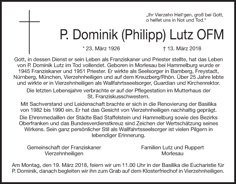  Traueranzeige für Dominik Lutz vom 15.03.2018 aus MGO