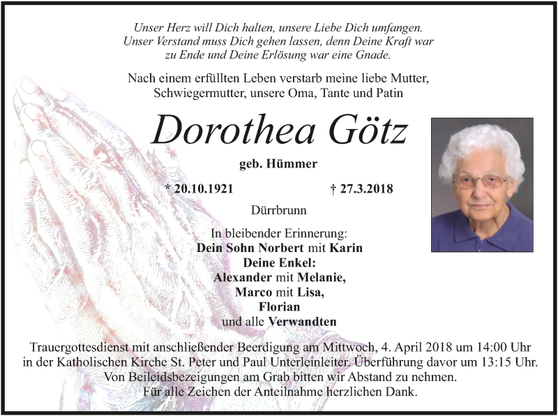 Dorothea Götz | Traueranzeige | trauer.inFranken.de