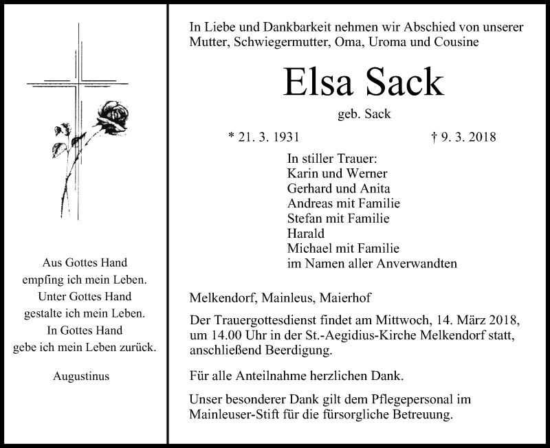  Traueranzeige für Elsa Sack vom 12.03.2018 aus MGO
