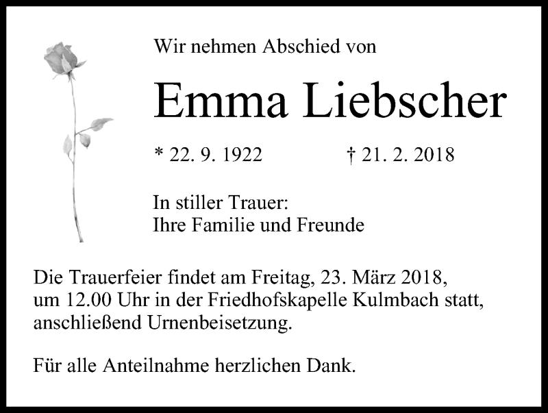  Traueranzeige für Emma Liebscher vom 20.03.2018 aus MGO