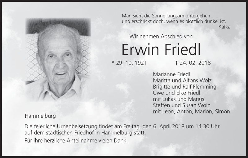  Traueranzeige für Erwin Friedl vom 29.03.2018 aus MGO