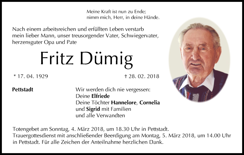  Traueranzeige für Fritz Dümig vom 02.03.2018 aus MGO
