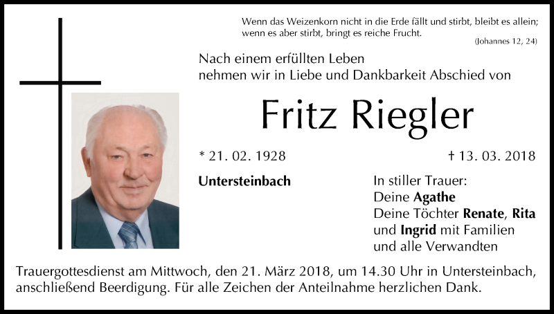  Traueranzeige für Fritz Riegler vom 17.03.2018 aus MGO
