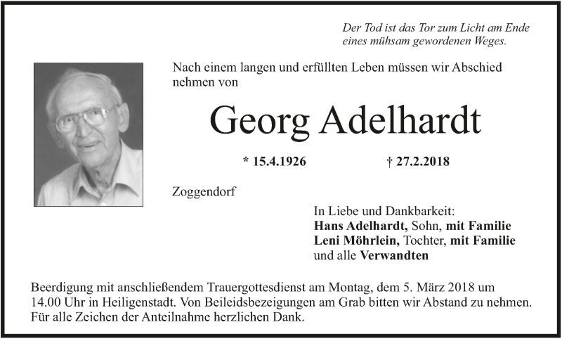  Traueranzeige für Georg Adelhardt vom 02.03.2018 aus MGO