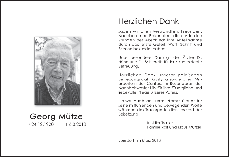  Traueranzeige für Georg Mützel vom 17.03.2018 aus MGO