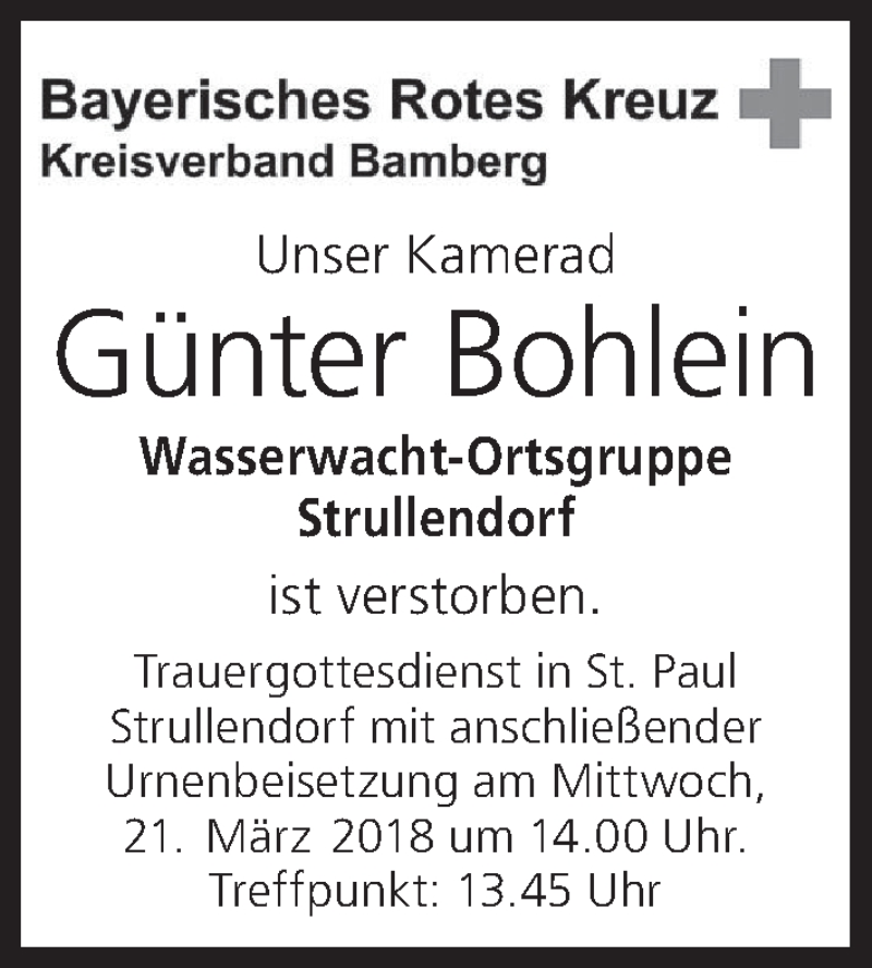  Traueranzeige für Günter Bohlein vom 20.03.2018 aus MGO