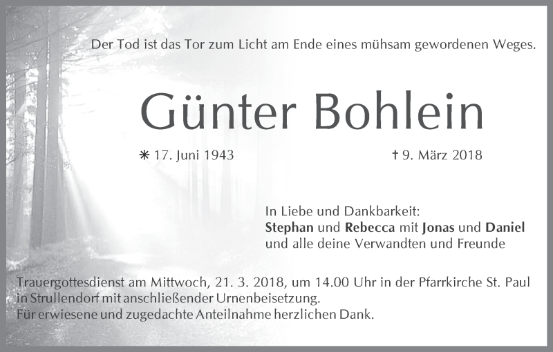  Traueranzeige für Günter Bohlein vom 20.03.2018 aus MGO