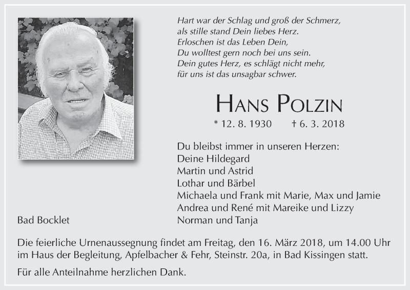  Traueranzeige für Hans Polzin vom 10.03.2018 aus MGO