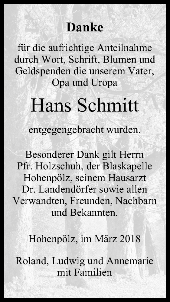  Traueranzeige für Hans Schmitt vom 17.03.2018 aus MGO