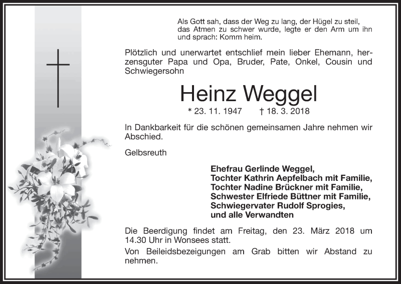 Traueranzeige für Heinz Weggel vom 20.03.2018 aus MGO