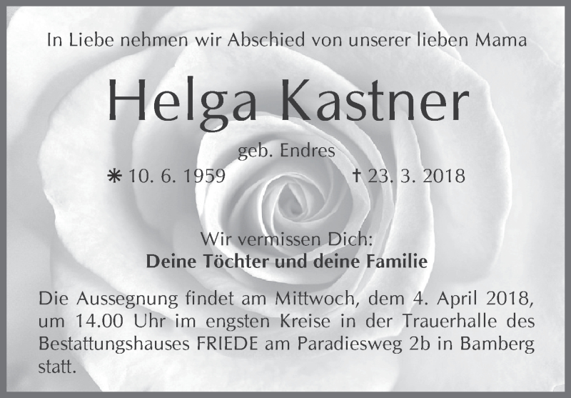  Traueranzeige für Helga Kastner vom 31.03.2018 aus MGO