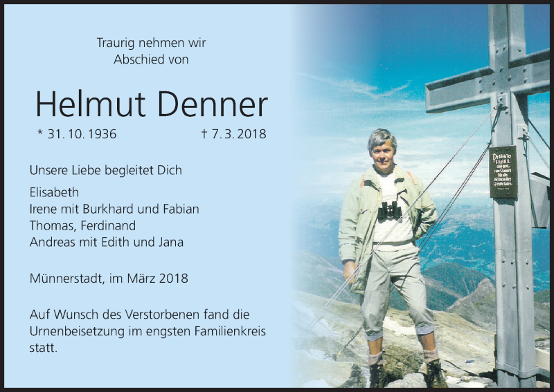  Traueranzeige für Helmut Denner vom 17.03.2018 aus MGO