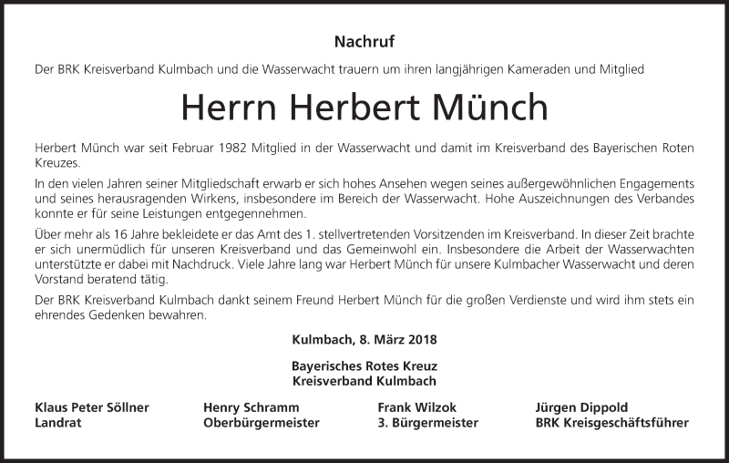  Traueranzeige für Herbert Münch vom 10.03.2018 aus MGO
