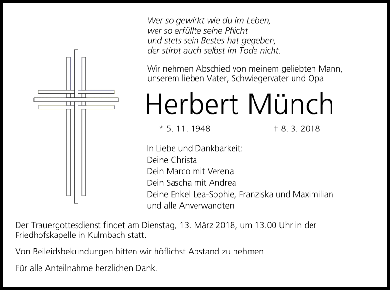  Traueranzeige für Herbert Münch vom 10.03.2018 aus MGO