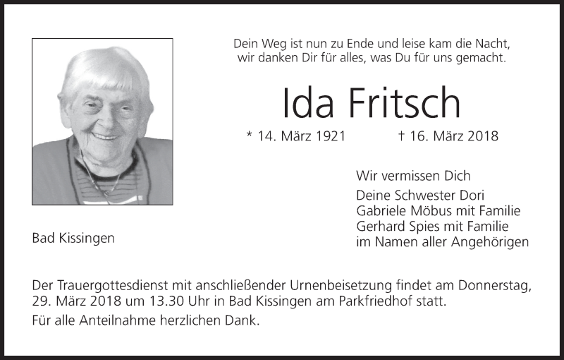  Traueranzeige für Ida Fritsch vom 24.03.2018 aus MGO