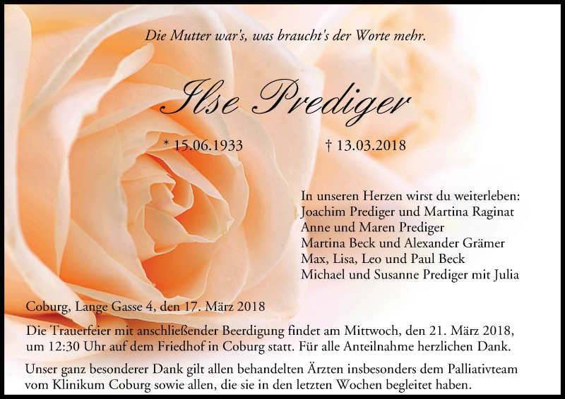  Traueranzeige für Ilse Prediger vom 17.03.2018 aus MGO