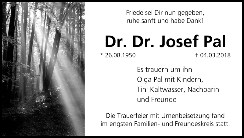  Traueranzeige für Josef Pal vom 20.03.2018 aus MGO