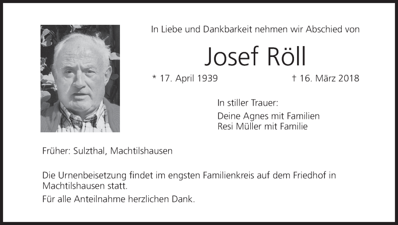  Traueranzeige für Josef Röll vom 21.03.2018 aus MGO