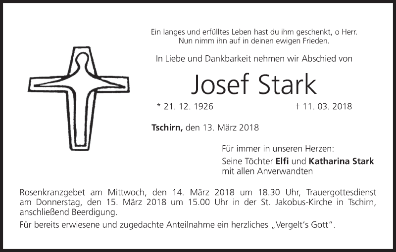  Traueranzeige für Josef Stark vom 13.03.2018 aus MGO