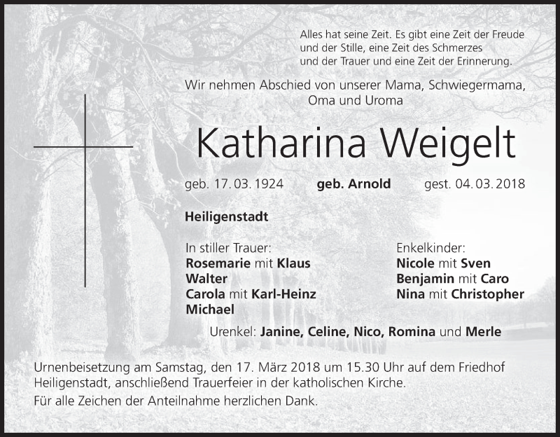  Traueranzeige für Katharina Weigelt vom 14.03.2018 aus MGO