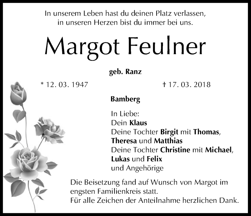  Traueranzeige für Margot Feulner vom 24.03.2018 aus MGO
