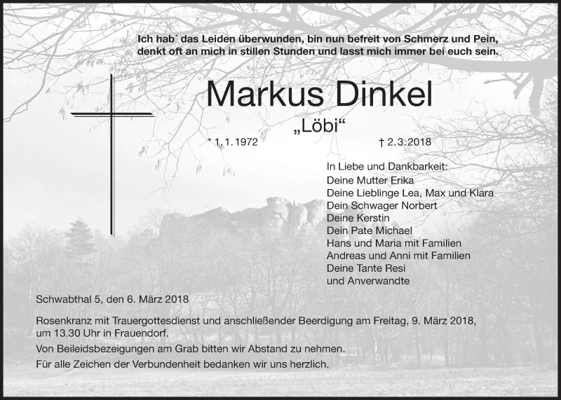  Traueranzeige für Markus Dinkel vom 06.03.2018 aus MGO