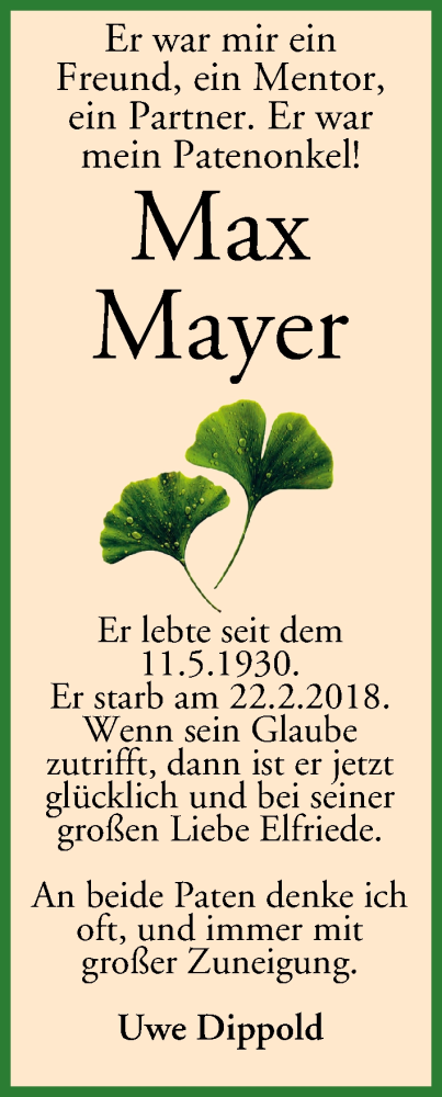  Traueranzeige für Max Mayer vom 02.03.2018 aus MGO