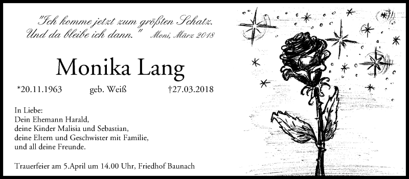  Traueranzeige für Monika Lang vom 31.03.2018 aus MGO