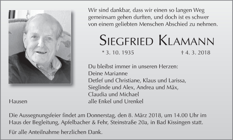  Traueranzeige für Siegfried Klamann vom 06.03.2018 aus MGO