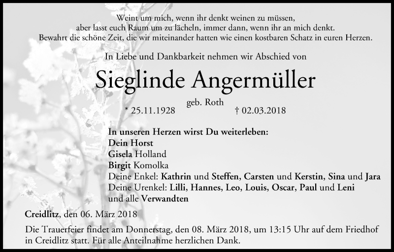  Traueranzeige für Sieglinde Angermüller vom 06.03.2018 aus MGO