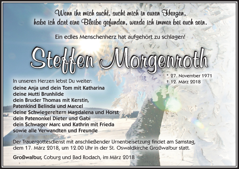  Traueranzeige für Steffen Morgenroth vom 15.03.2018 aus MGO