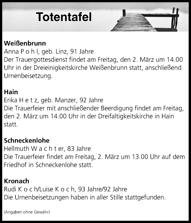  Traueranzeige für Totentafel vom 01.03.2018 vom 01.03.2018 aus MGO