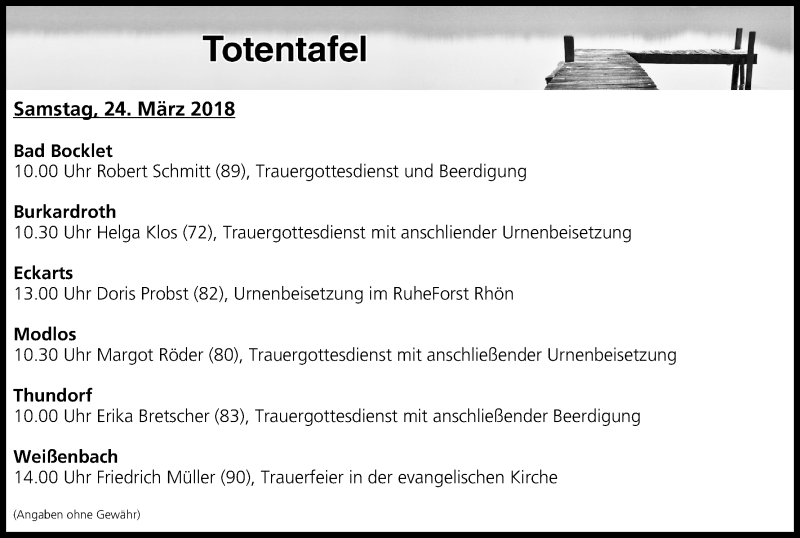  Traueranzeige für Totentafel vom 24.03.2018 vom 24.03.2018 aus MGO