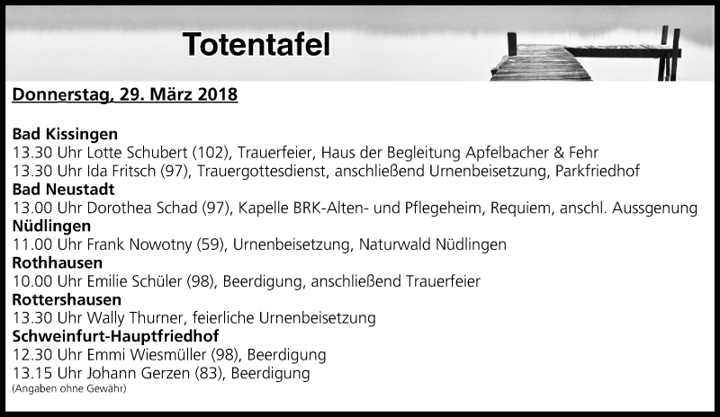  Traueranzeige für Totentafel vom 29.03.2018 vom 29.03.2018 aus MGO