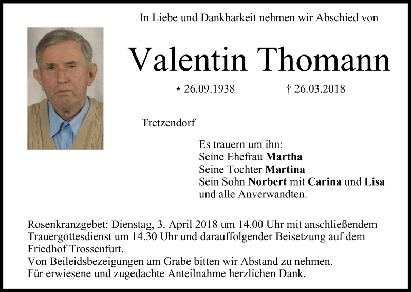  Traueranzeige für Valentin Thomann vom 31.03.2018 aus MGO