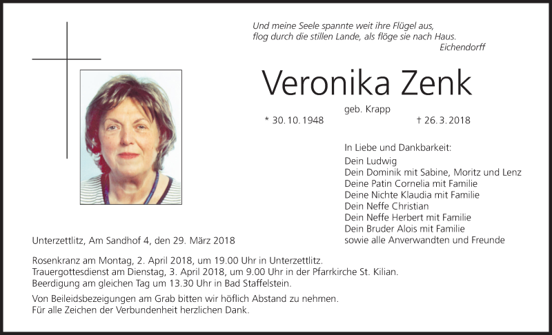  Traueranzeige für Veronika Zenk vom 29.03.2018 aus MGO