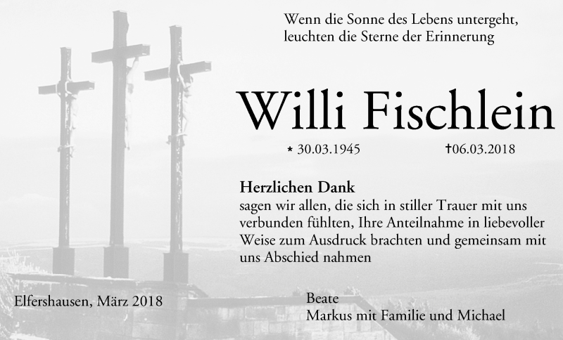  Traueranzeige für Willi Fischlein vom 24.03.2018 aus MGO
