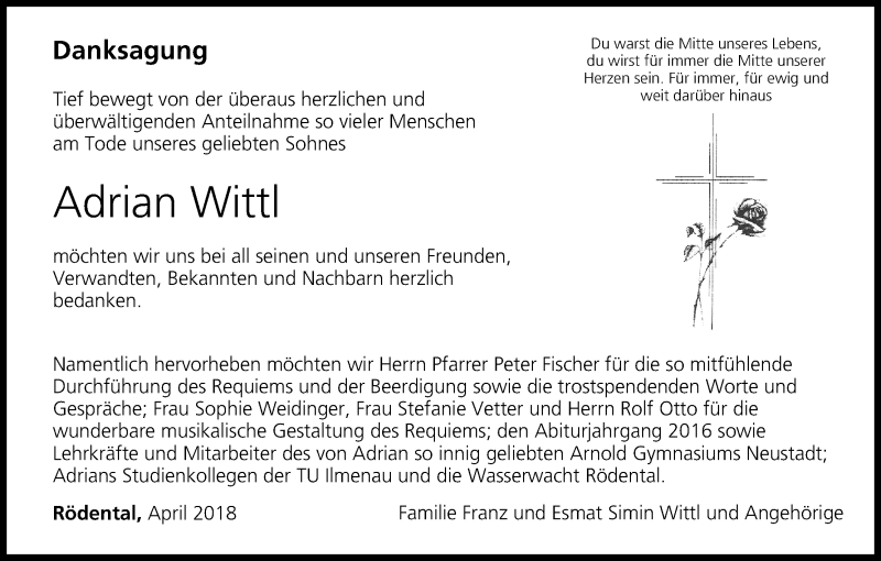  Traueranzeige für Adrian Wittl vom 21.04.2018 aus MGO