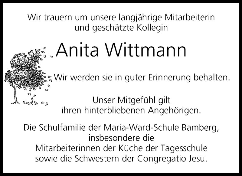  Traueranzeige für Anita Wittmann vom 23.04.2018 aus MGO