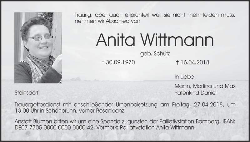  Traueranzeige für Anita Wittmann vom 21.04.2018 aus MGO