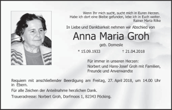 Anna Maria Groh | Traueranzeige | trauer.inFranken.de