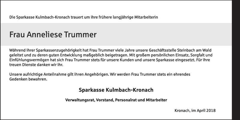  Traueranzeige für Anneliese Trummer vom 07.04.2018 aus MGO
