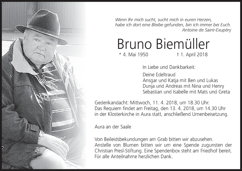  Traueranzeige für Bruno Biemüller vom 07.04.2018 aus MGO