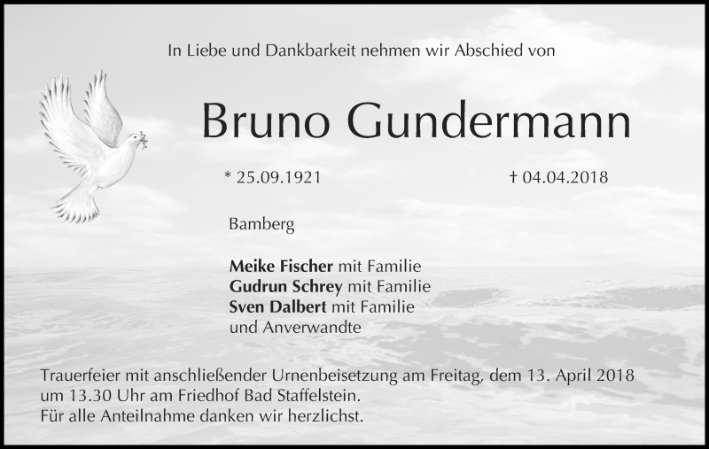  Traueranzeige für Bruno Gundermann vom 10.04.2018 aus MGO