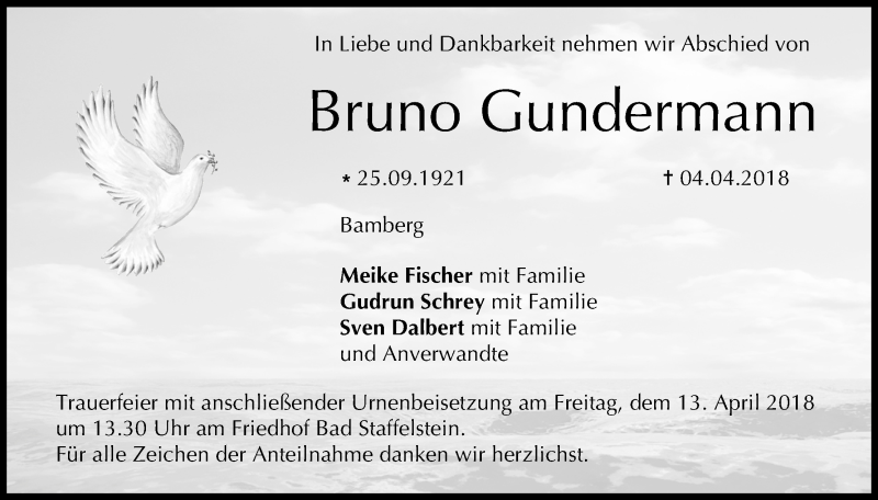  Traueranzeige für Bruno Gundermann vom 10.04.2018 aus MGO