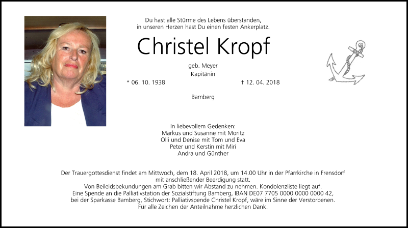  Traueranzeige für Christel Kropf vom 14.04.2018 aus MGO