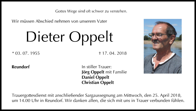  Traueranzeige für Dieter Oppelt vom 21.04.2018 aus MGO