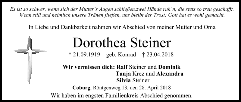  Traueranzeige für Dorothea Steiner vom 28.04.2018 aus MGO